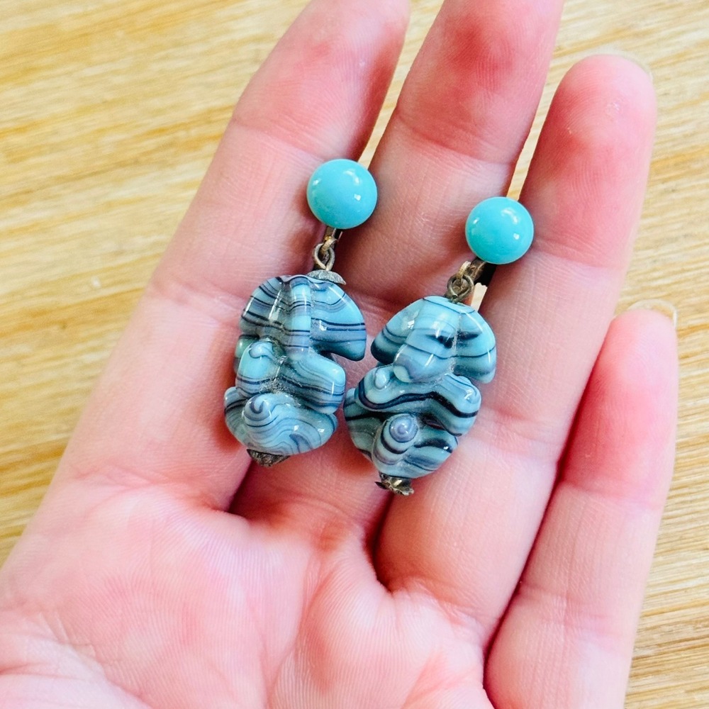 VTG Art Deco Screw Back Swirl Glass Earrings Blue Pastel Marbled Dangle Flapper